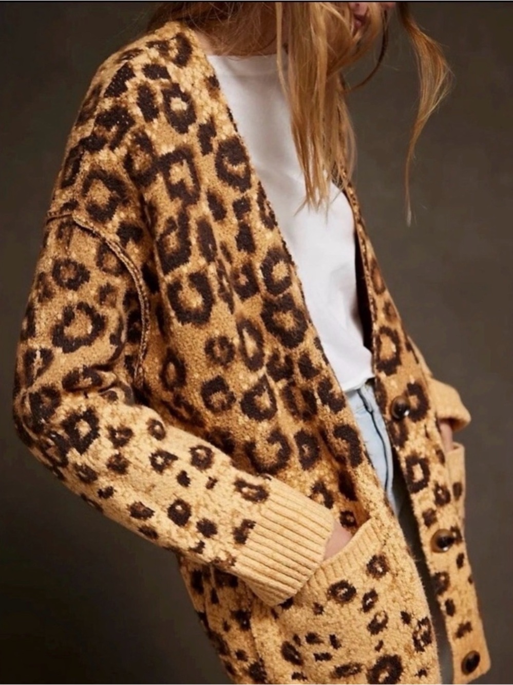 Free People state side Leopard-Print V-Neck Cardigan Sweater - Mustard and Brown